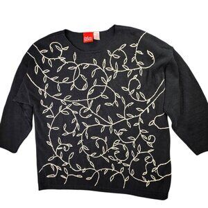 Liz and Co Sweater Womens L Black Embroidered Floral Vine Beaded Cotton Vintage